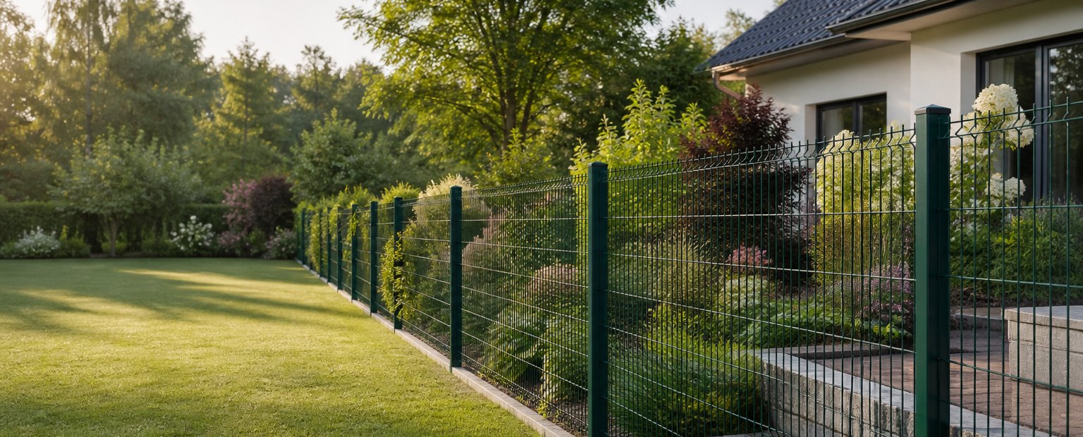 Dunkelgrüner Gartenzaun an einem gepflegten Grundstück