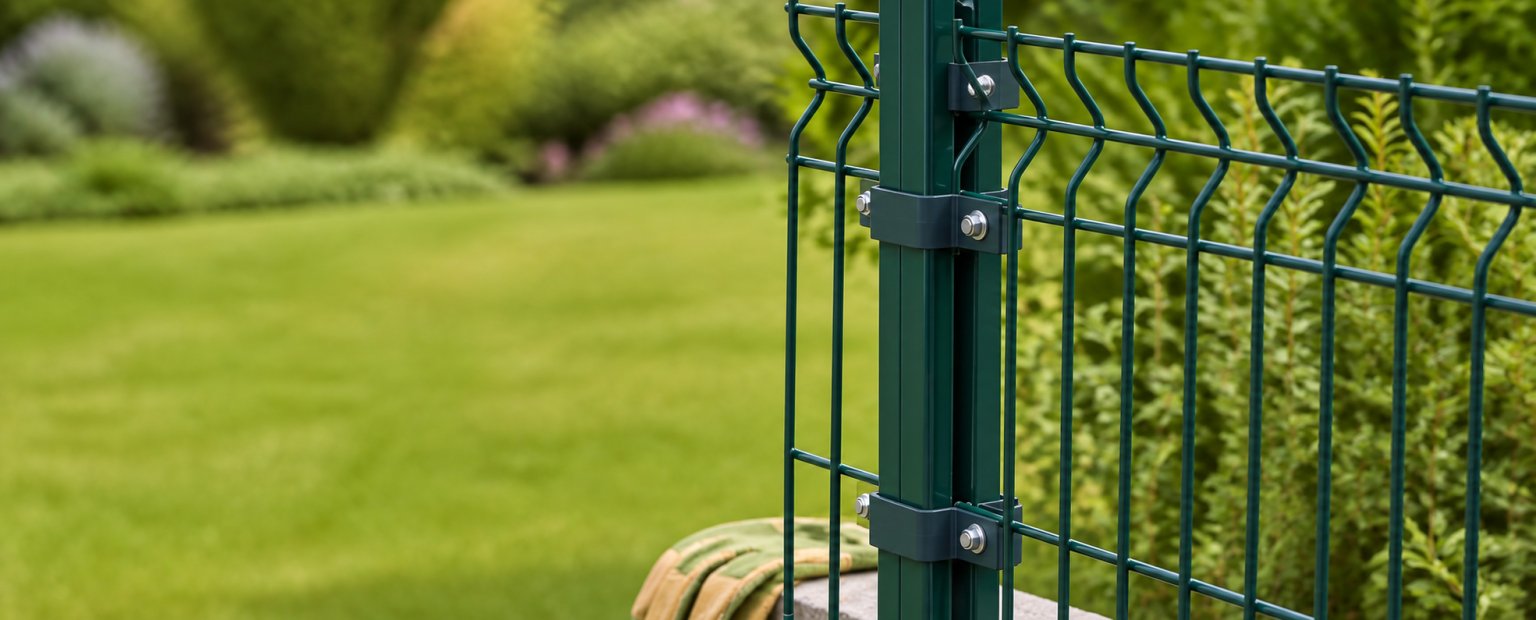 Grüner Stabmattenzaun mit Pfosten und Schellen im Garten
