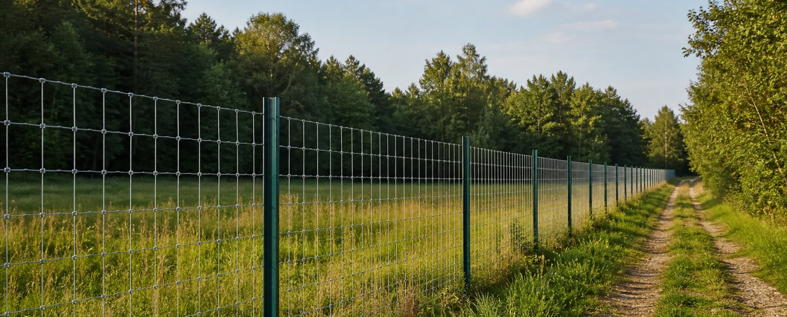 Wildzaun aus Knotengeflecht entlang einer Wiese